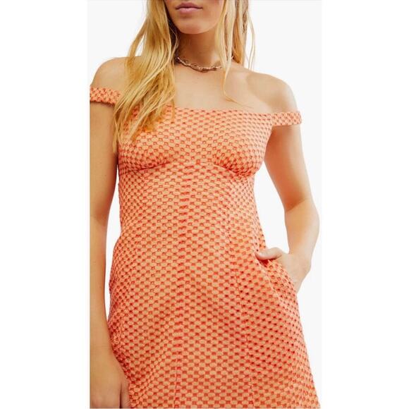 Free People Berry Kiss Midi Dress S Orange Floral Boho Off Shoulder NWT - Picture 2 of 11